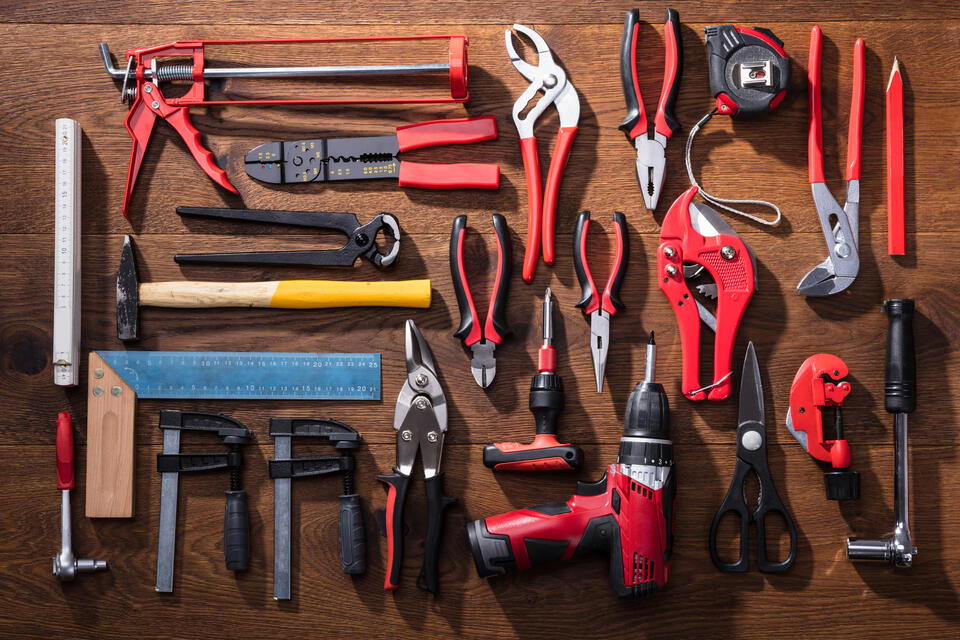 roofing tools-overhead view of an assortment of tools