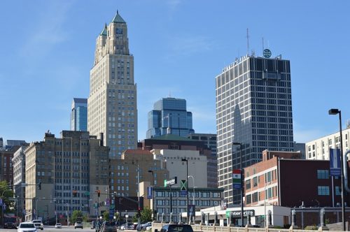 Downtown city skyline with commercial buildings and skyscrapers.