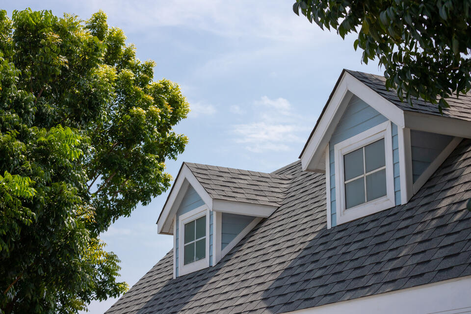 roofing florissant mo-close up of blue sided house with white trim and gray shingled roof