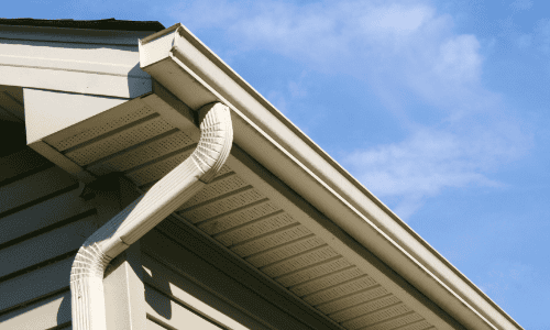 High-quality residential roof gutter and soffit system in siding.