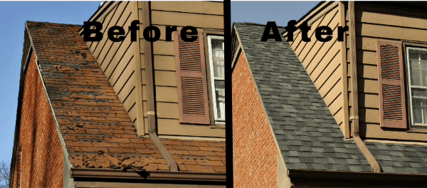 Weathered roof before and after roofing restoration by Shamrock Roofing and Construction.