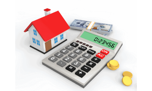 Home repair cost calculator with house model, cash, and calculator for roofing estimates.