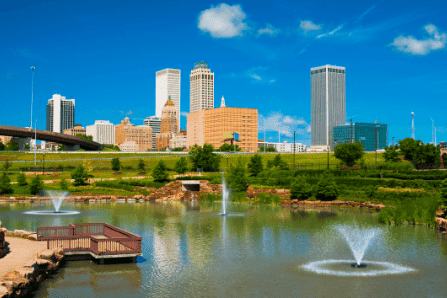 Downtown skyline with river and fountains in Atlanta, Georgia.