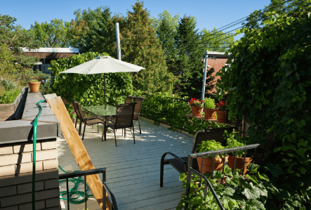 Comfortable outdoor patio with seating, umbrella, and lush greenery for relaxing and entertaining.