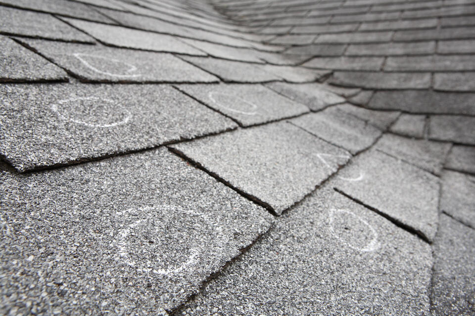 hail damage vs blistering-hail damage circled on a roof