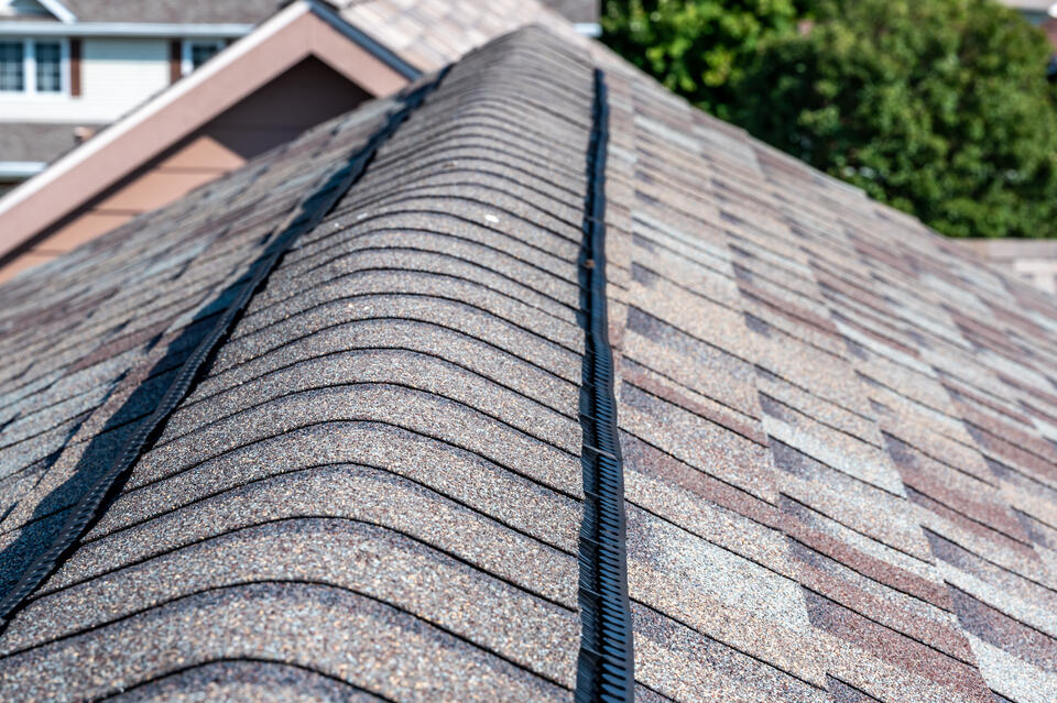 roof ridge cap-overhead view of ventilated roof ridge cap on shingled roof