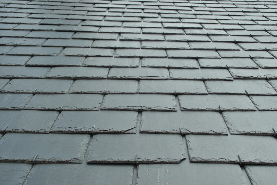 rubber slate roofing-close up of synthetic slate tiles