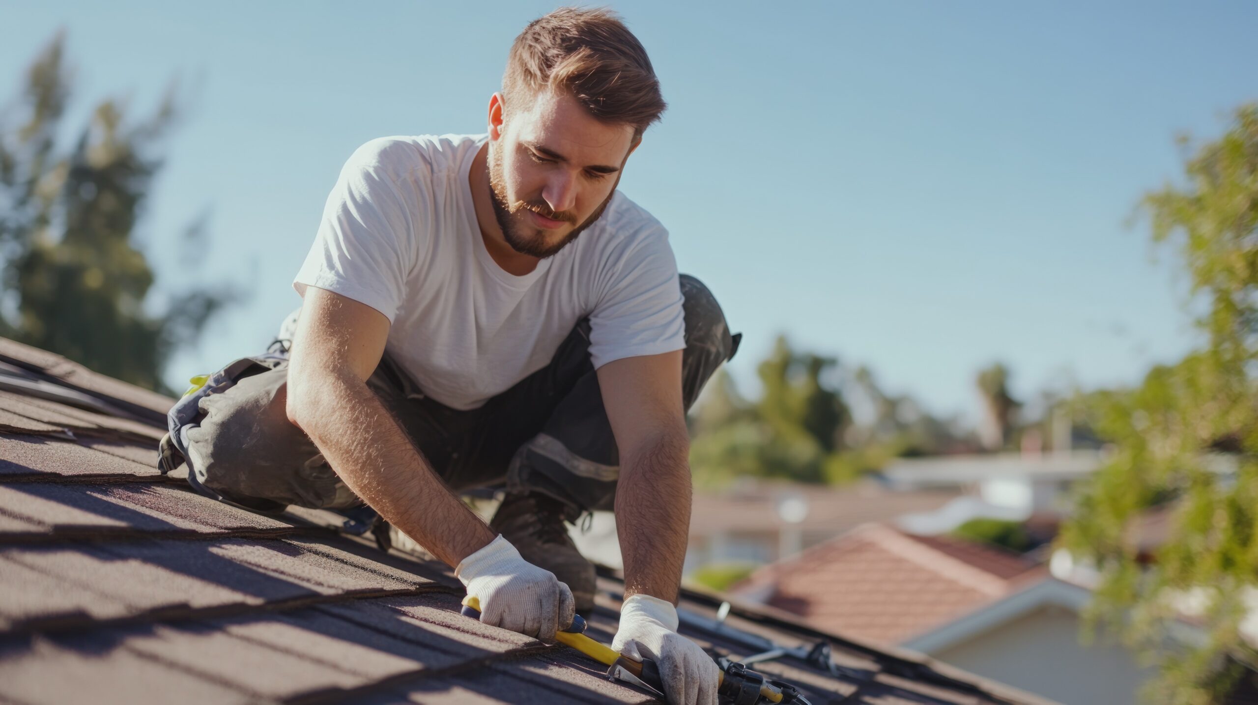 Roofing contractor in St Louis installing asphalt shingles on a residential home roof