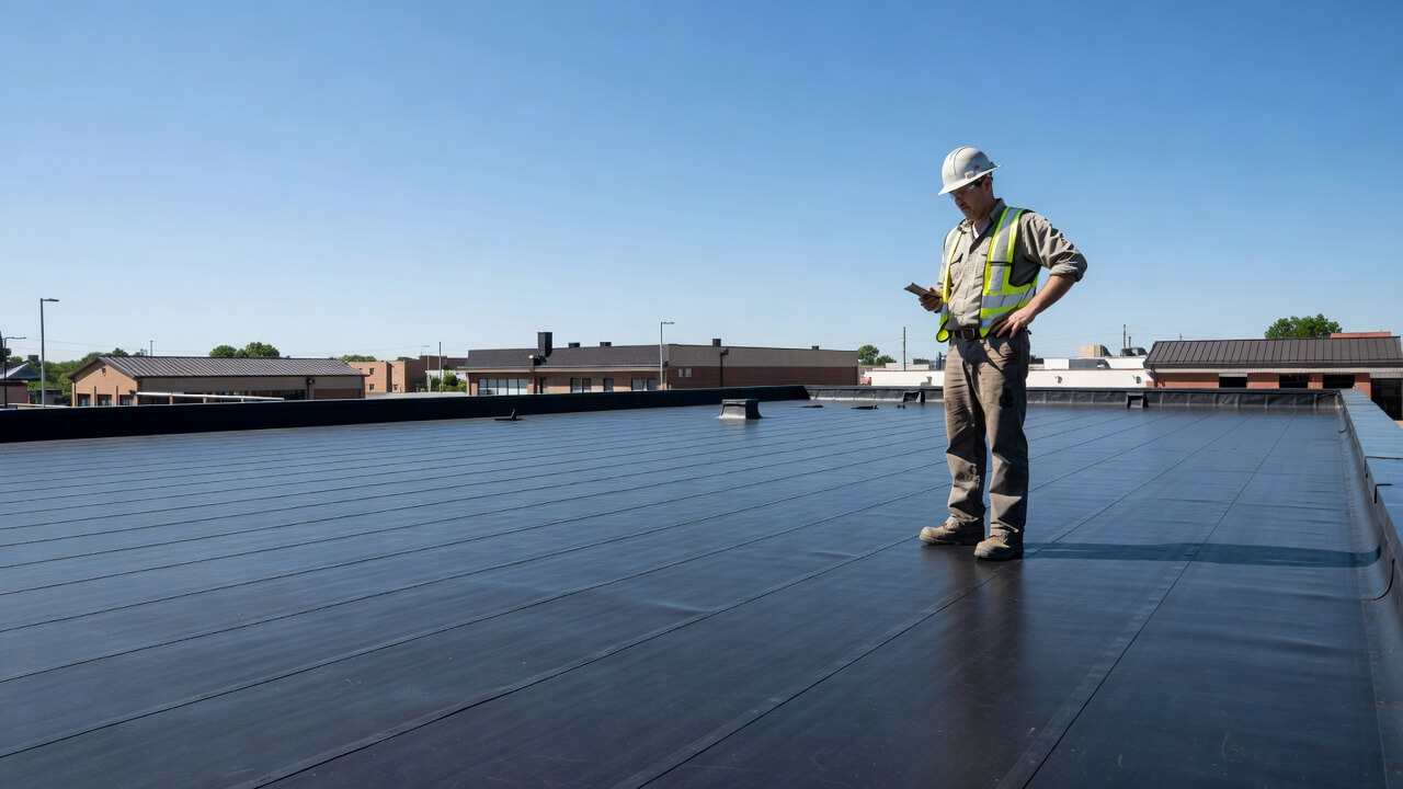 EPDM flat roof on a commercial building in summer showing durable rubber roofing benefits