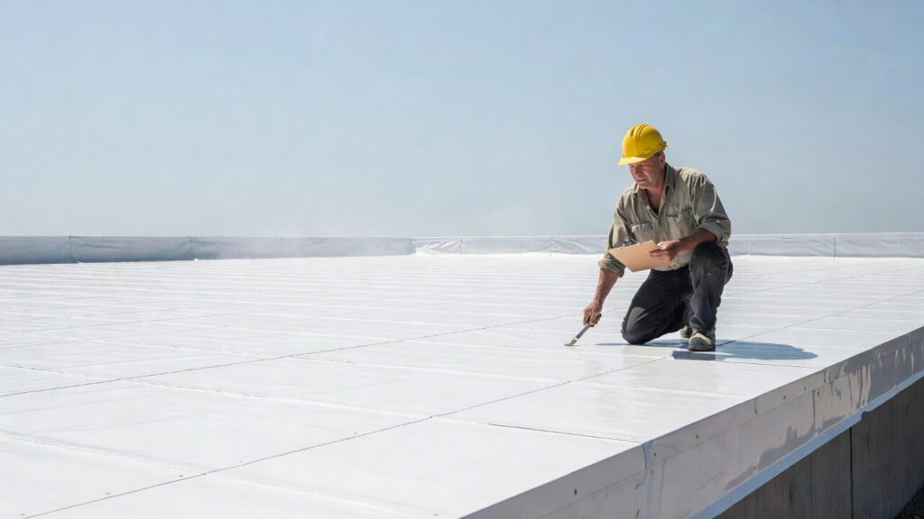 PVC roof membrane on a flat commercial roof showing durable summer protection and clean seams