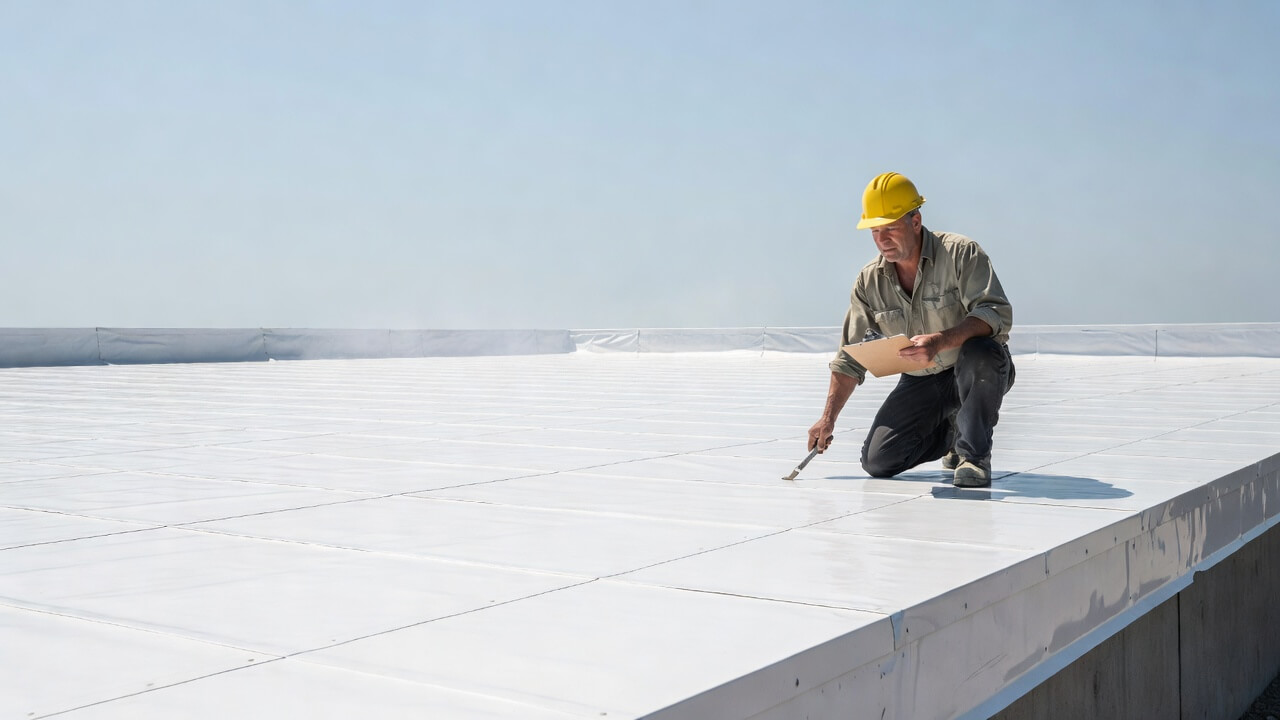PVC roof membrane on a flat commercial roof showing durable summer protection and clean seams