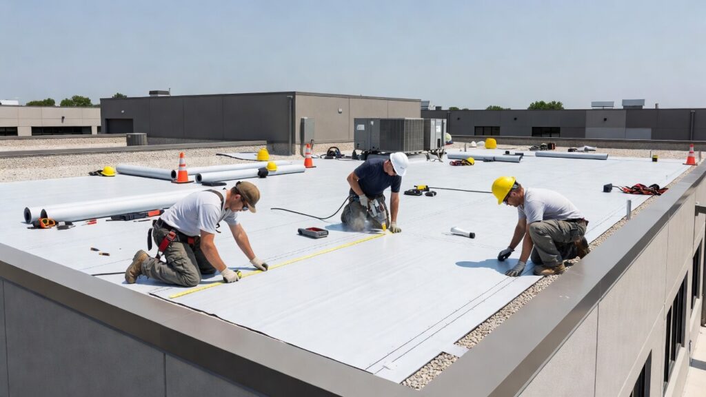 PVC roofing installation process on a commercial roof with workers sealing seams and checking flashing