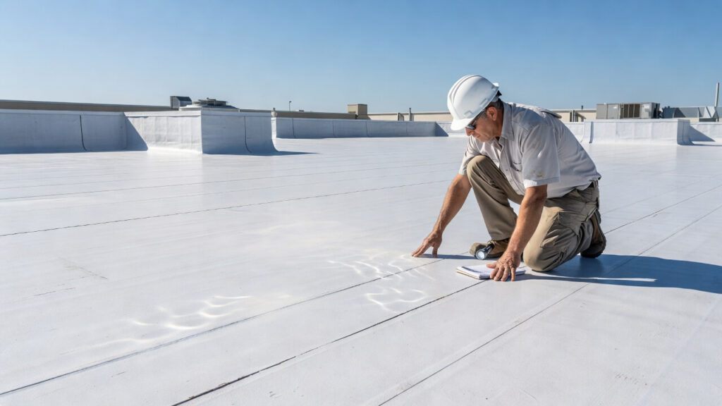TPO roofing maintenance in summer heat on a flat commercial roof under bright summer sun