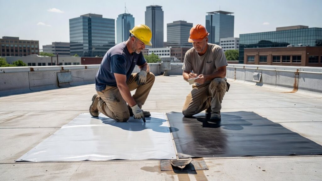 Commercial flat roof inspection comparing TPO and EPDM roofing materials in summer.