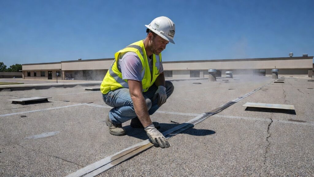 Built-up roofing maintenance tips for a flat commercial roof inspection in summer heat