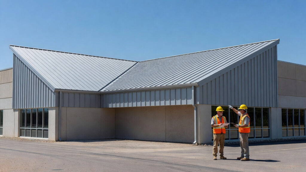 Commercial metal roof on a business building showing durability and energy savings