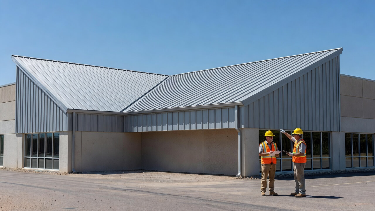 Commercial metal roof on a business building showing durability and energy savings