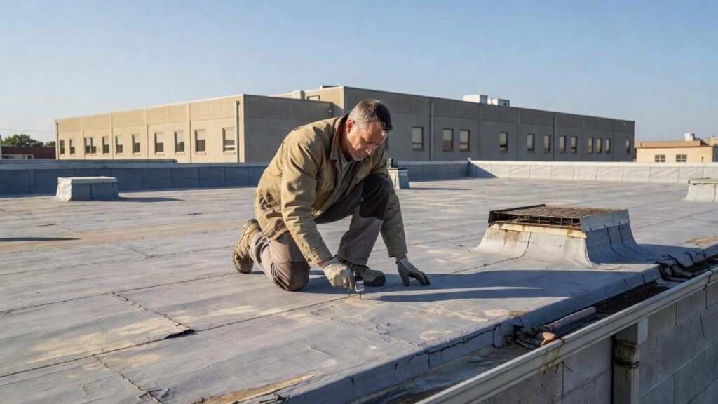 Commercial roof replacement explained with a roofing expert inspecting a flat commercial roof.