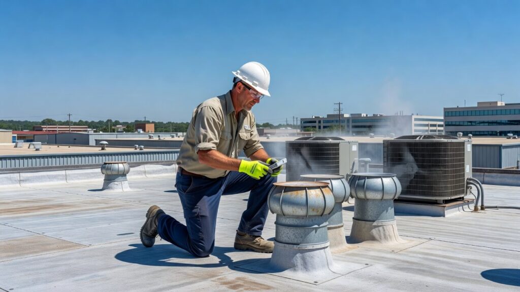 Commercial roof ventilation system on a flat business roof with vents and a technician inspecting airflow