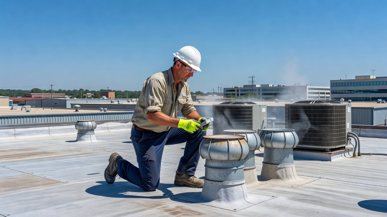 Commercial roof ventilation system on a flat business roof with vents and a technician inspecting airflow