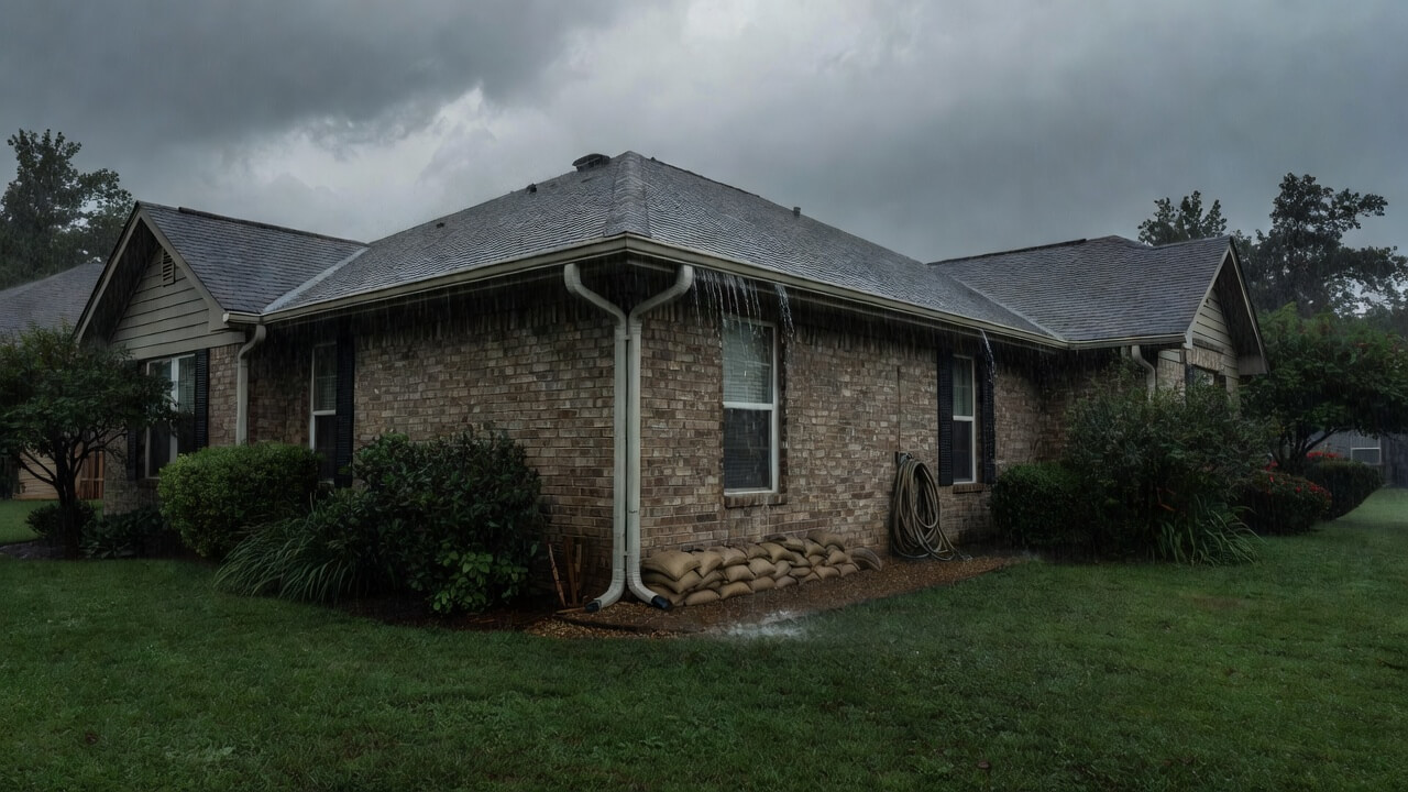 New gutters protecting a Sherman TX home during summer rain for rainy season drainage