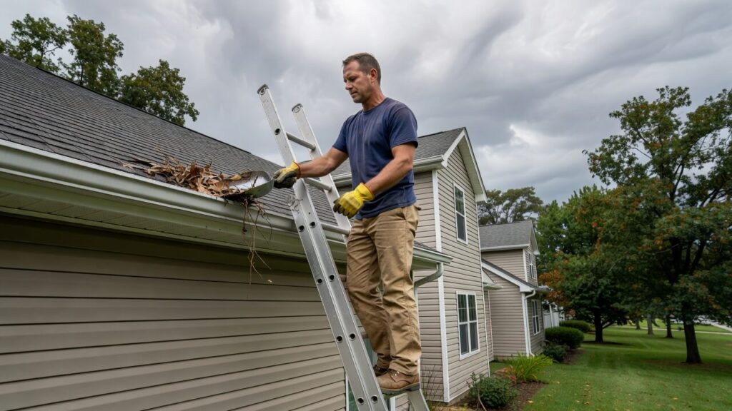 Gutter maintenance before storm season on a suburban home with a worker cleaning gutters before rain