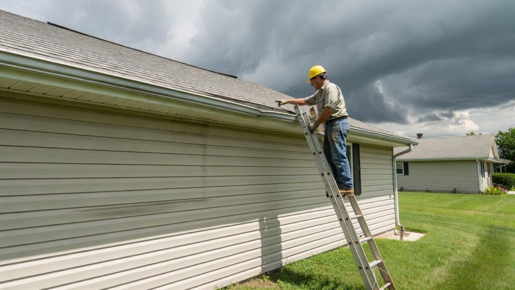Male roofer inspecting gutters on a Kansas home to compare repair versus replacement options