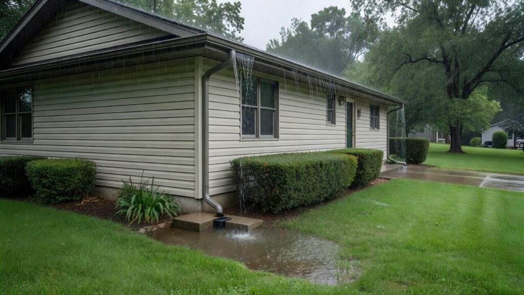 Homeowners inspect new gutters protecting a house from rain and water damage