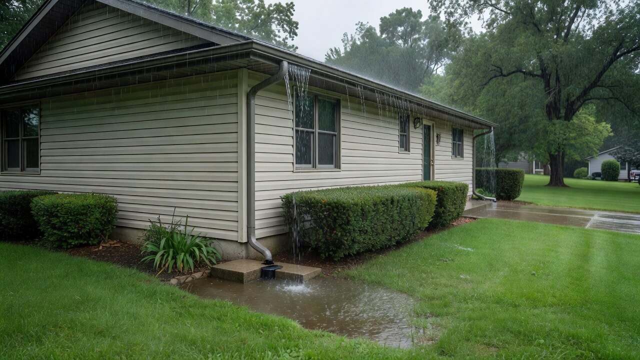 Homeowners inspect new gutters protecting a house from rain and water damage