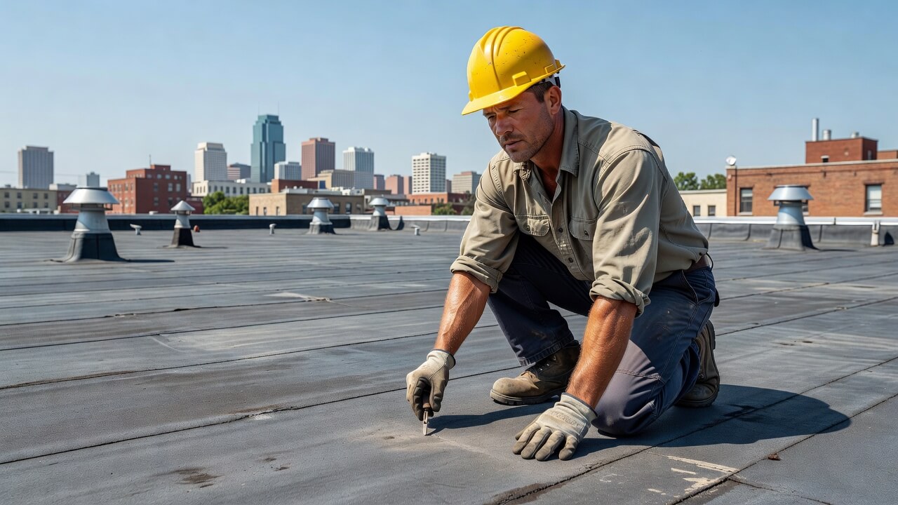 American male roofer inspecting a flat roof to show modified bitumen roofing benefits explained