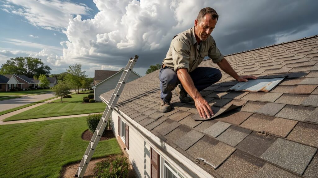 Residential roofer inspecting shingles before storms on a Springfield home roof