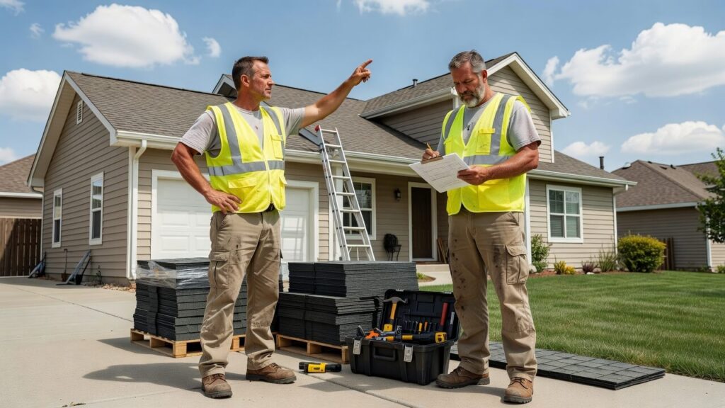 American male roofers planning a residential roof replacement timeline on a Denver home in summer