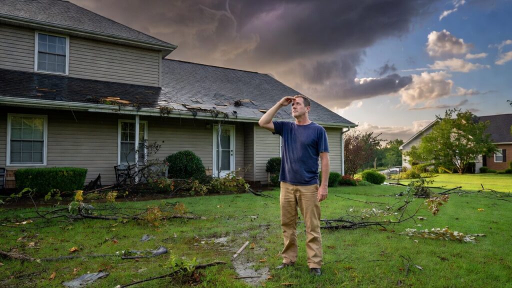 American homeowner inspecting roof after summer storm damage with cloudy sky and scattered debris