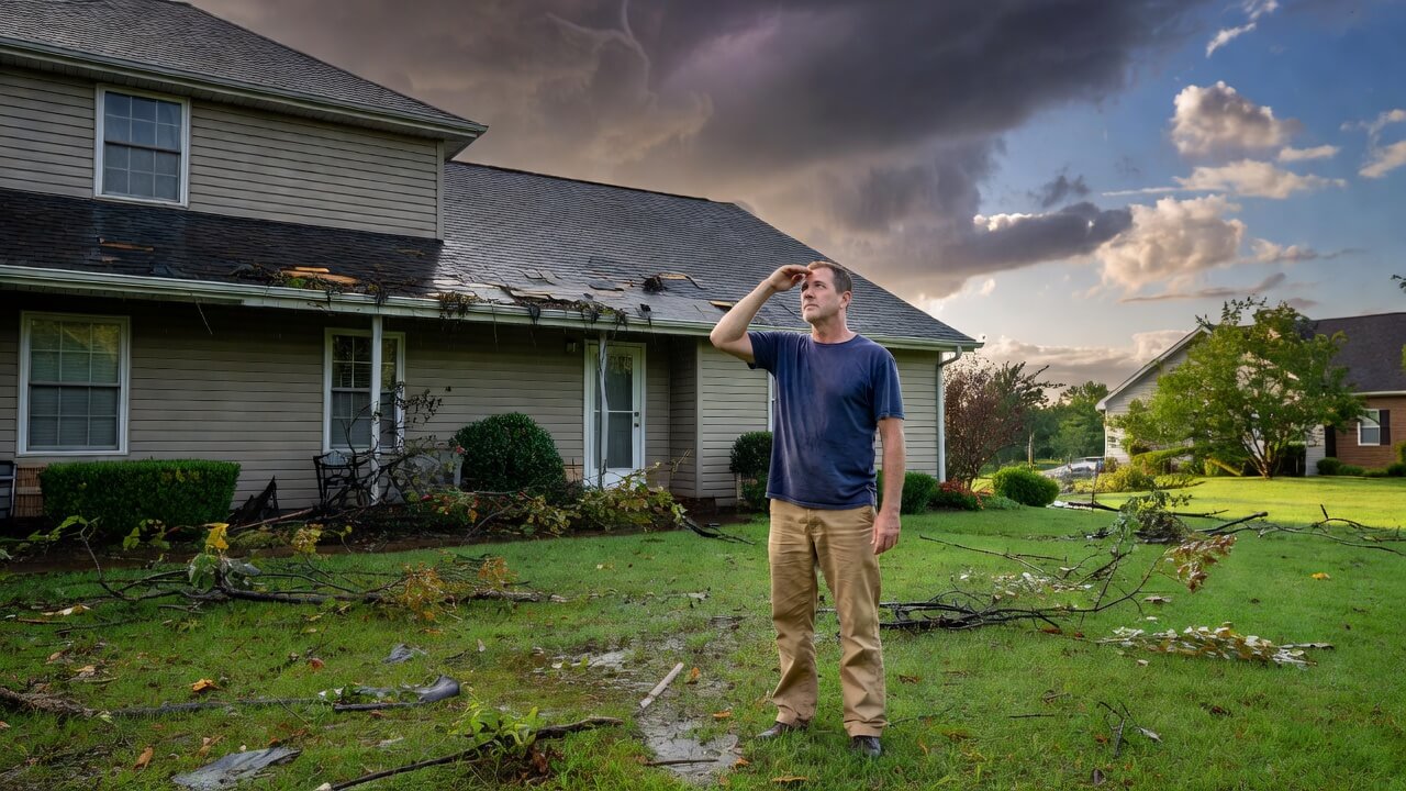 American homeowner inspecting roof after summer storm damage with cloudy sky and scattered debris