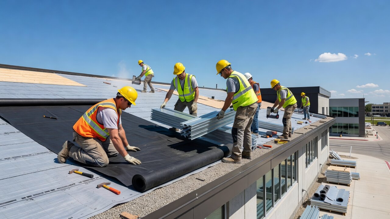 Roofers installing a new building roof during a summer construction project