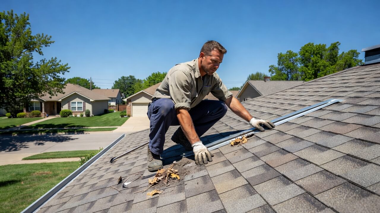 American roofer inspecting summer roof maintenance checklist on a suburban home roof in daylight