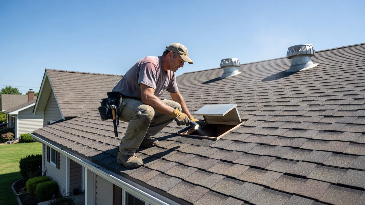 Roof ventilation inspection showing attic airflow during summer heat on a residential home