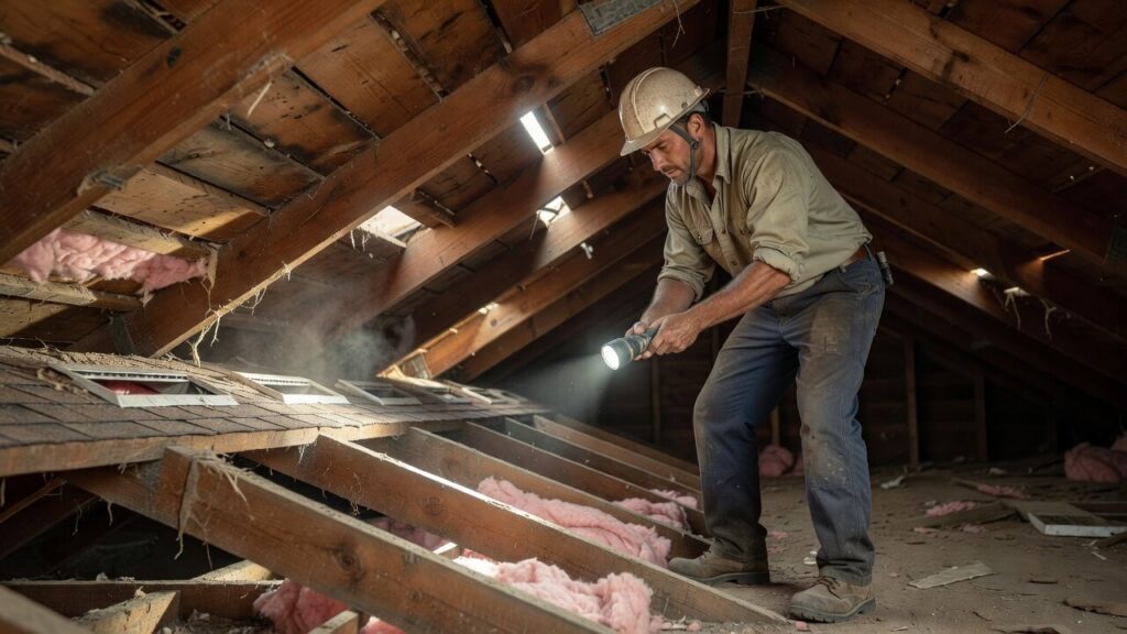 American roofer inspecting attic for roof ventilation problems in summer and heat buildup
