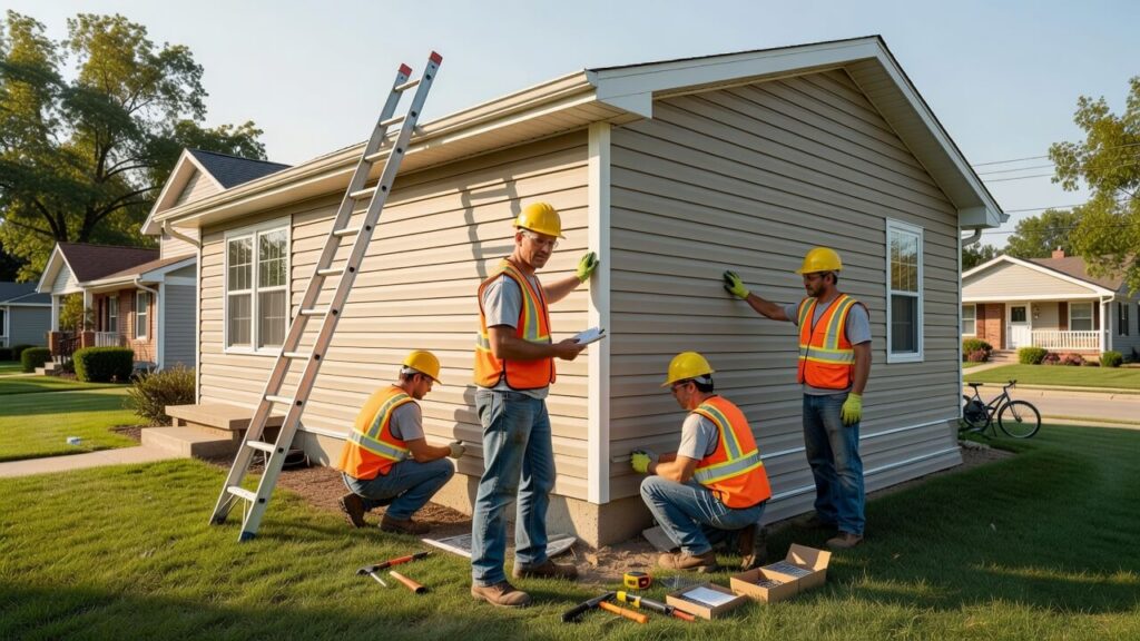 Male contractor inspecting siding installation for home exterior on a suburban house in summer.