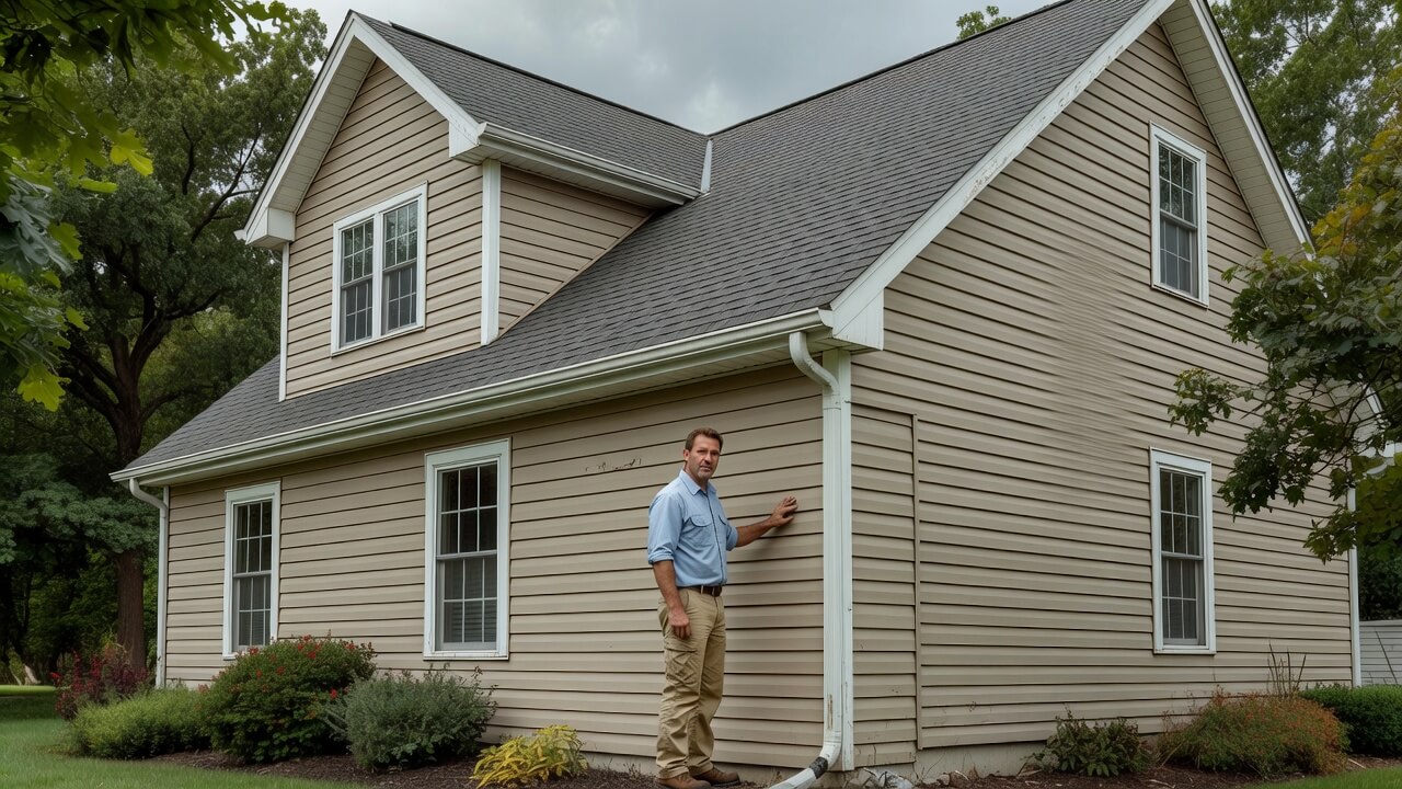 Homeowner inspecting siding repair signs before storm season on a suburban house exterior