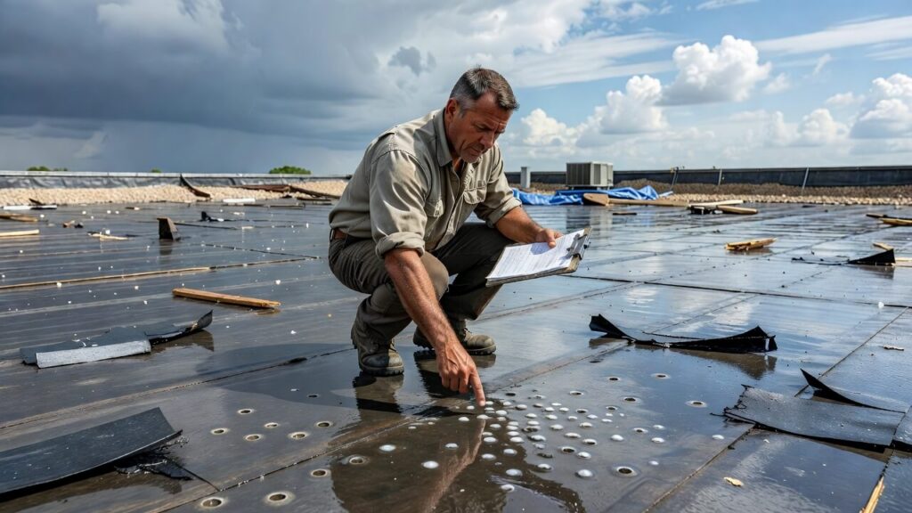 Commercial roofer inspecting storm damage on a business roof after summer weather in Sherman, TX