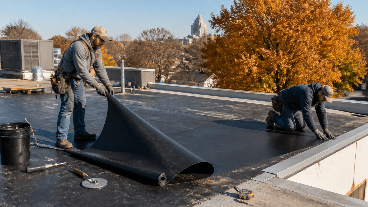 Roofing workers installing EPDM membrane on a flat roof during fall in Lincoln, Nebraska