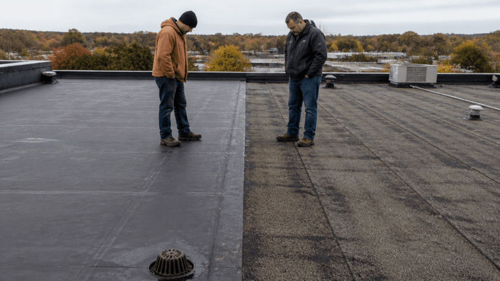 EPDM and modified bitumen roofing comparison on a commercial flat roof inspection