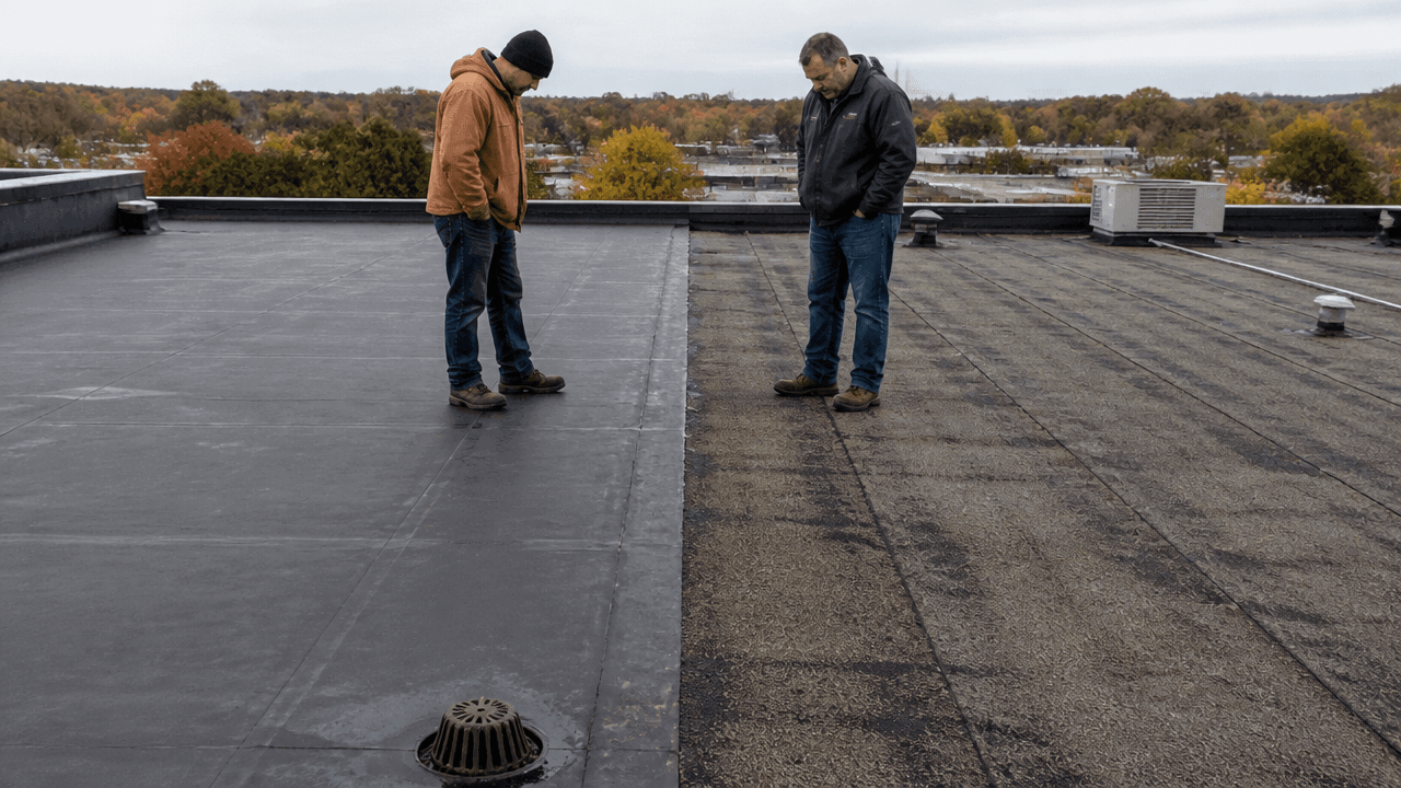 EPDM and modified bitumen roofing comparison on a commercial flat roof inspection