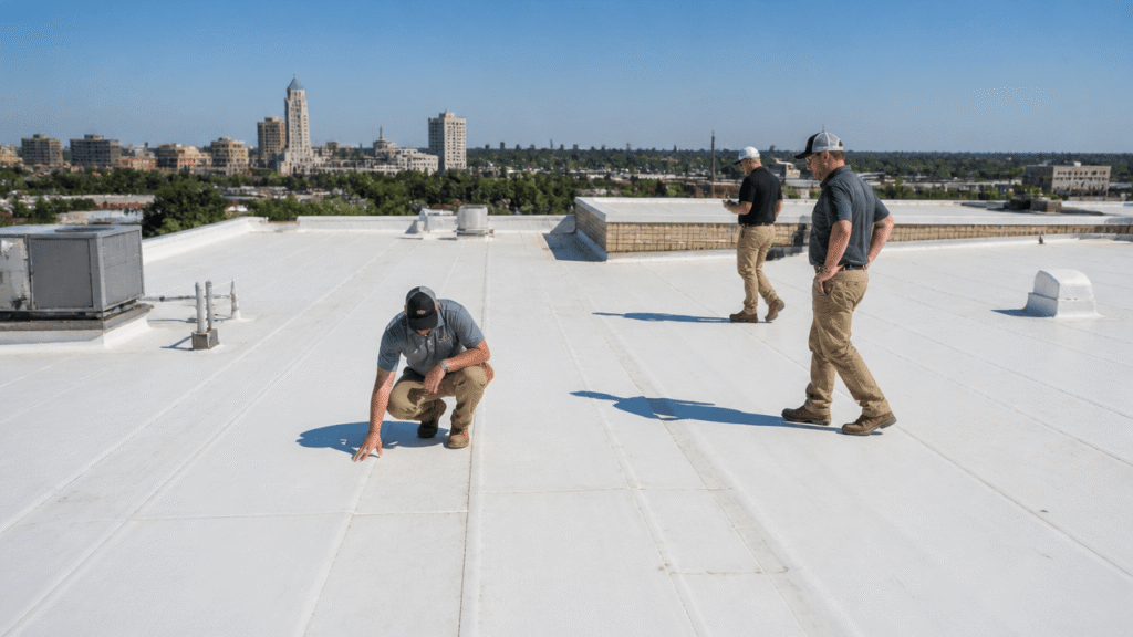 Commercial PVC roof on building showing durability and weather resistance benefits