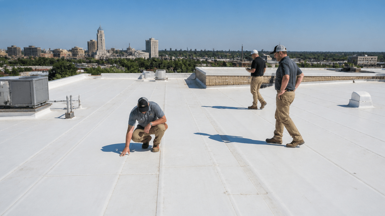 Commercial PVC roof on building showing durability and weather resistance benefits