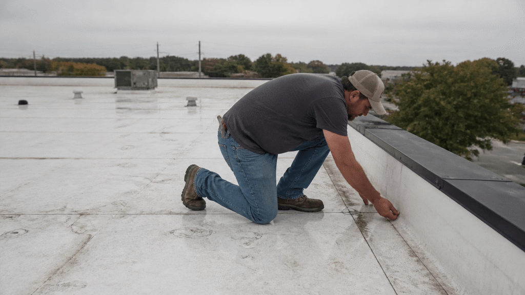 TPO roofing for commercial flat roofs on a Sherman, TX building with a roofer inspecting seams