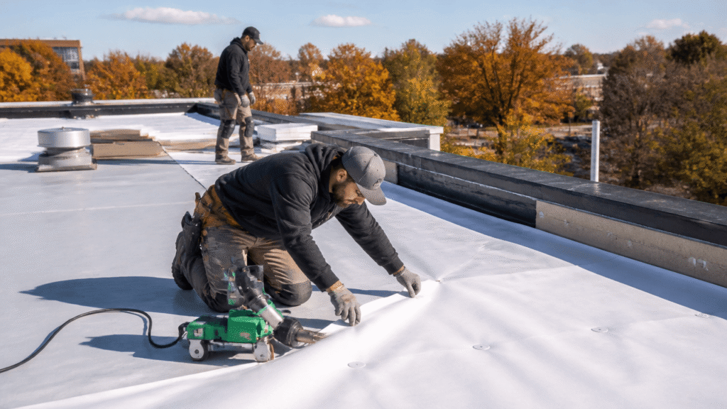 American male roofers installing TPO membrane on a commercial flat roof in Overland Park, Kansas