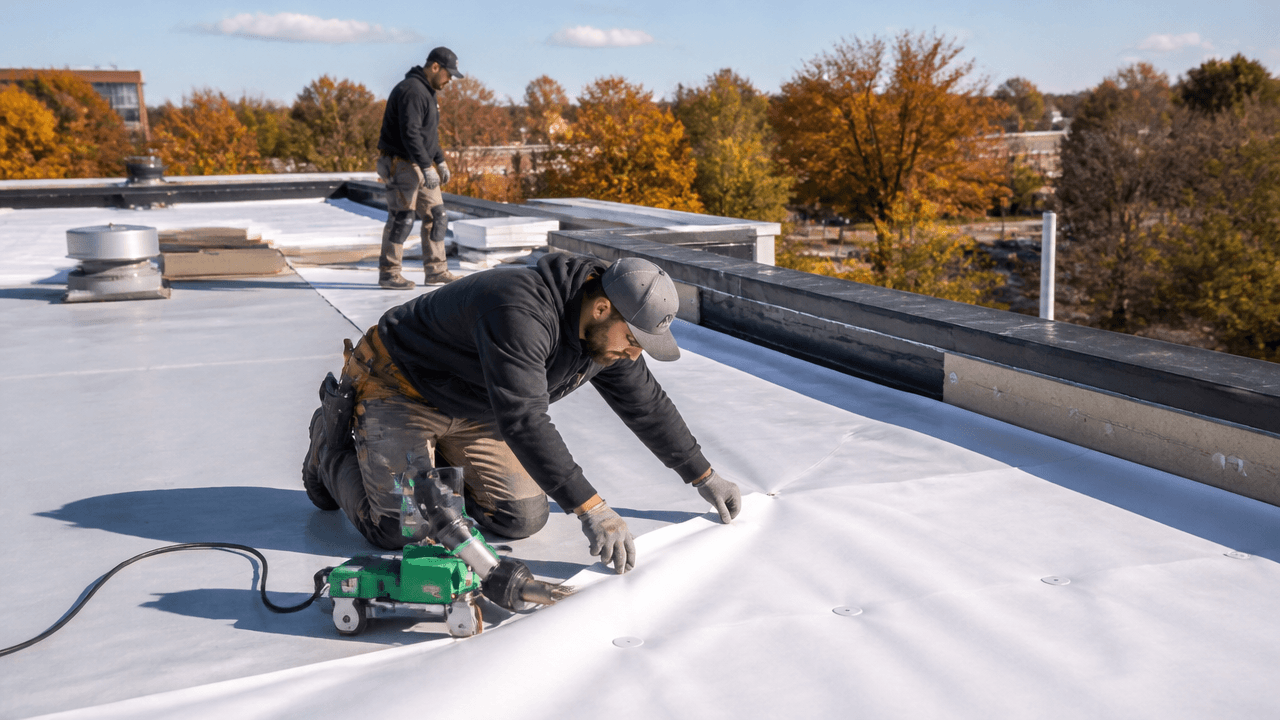 American male roofers installing TPO membrane on a commercial flat roof in Overland Park, Kansas