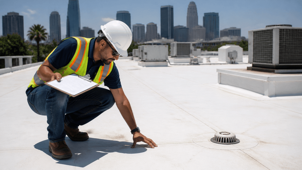 Male roofer inspecting TPO roof maintenance before fall season on a commercial building